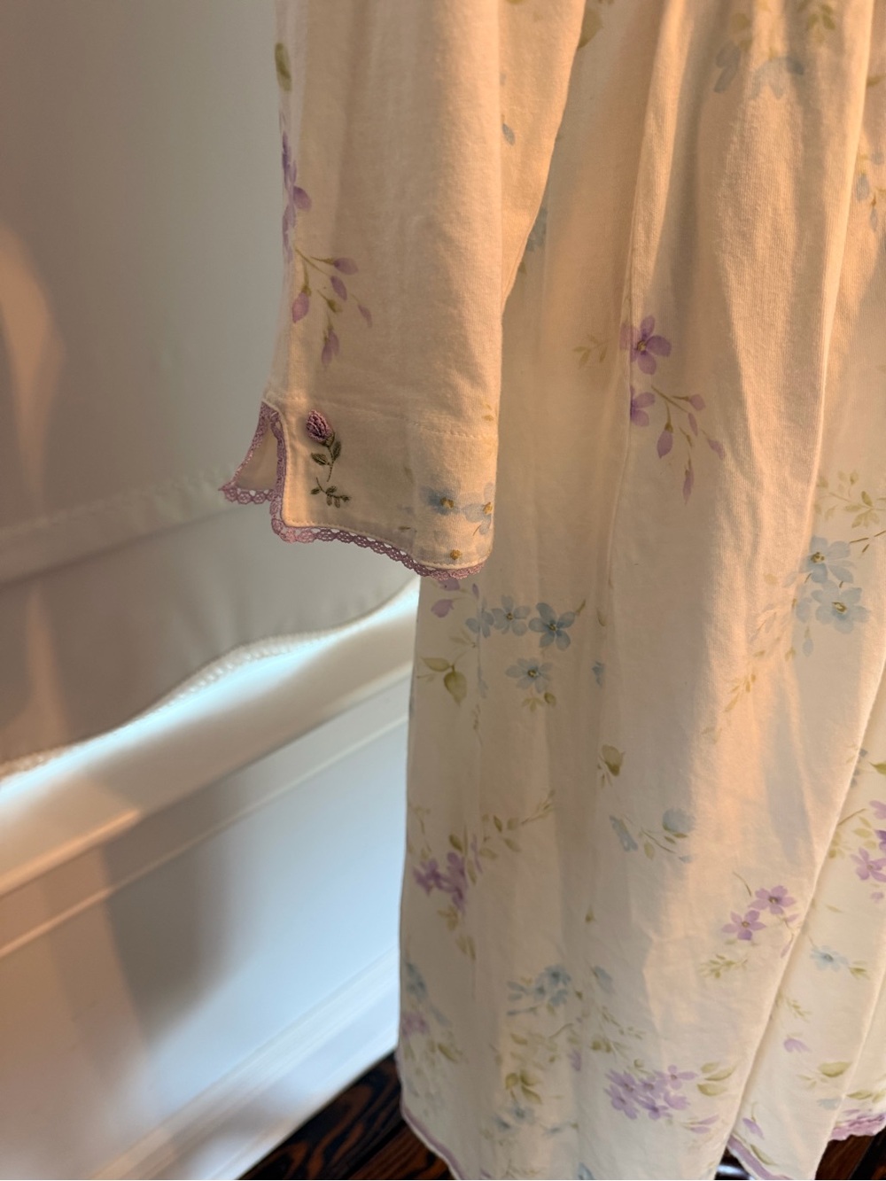 Women's vintage Cream Floral Long Nightgown with Lavender Trim - Picture 11 of 14